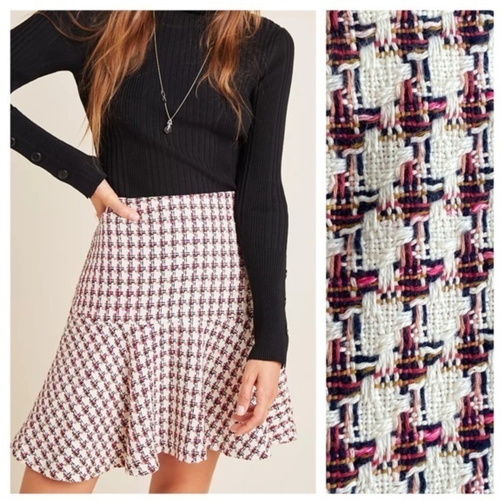 Anthropologie Maeve Bobbie Plaid Flounced Tweed Mini Skirt 14